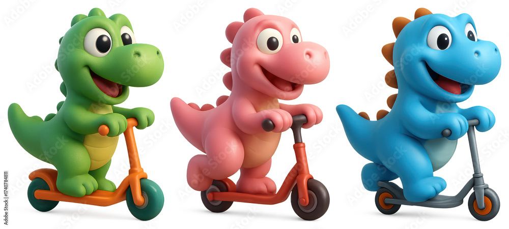 Fototapeta premium PNG Colorful playful dinosaur scooters, element set on transparent background