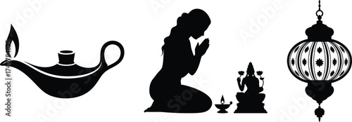 Spiritual symbols silhouette genie lamp prayer lantern religious figures decorative ornament
