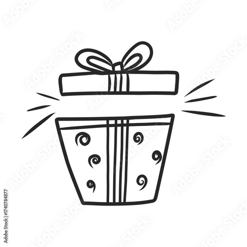 Hand Drawn Doodle of Open Gift Box with Swirl Pattern and Surprise Sparkle