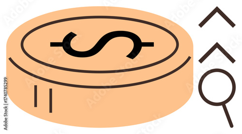 Coin with dollar sign, magnifying glass, and upward arrows symbolize wealth, investment, financial growth, and analysis. Ideal for banking, budgeting, savings fintech commerce research money