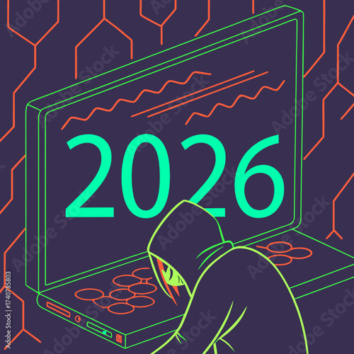 Anonymous hacker wearing a hood and glowing eyes works on a laptop displaying the year 2026 with a futuristic digital background