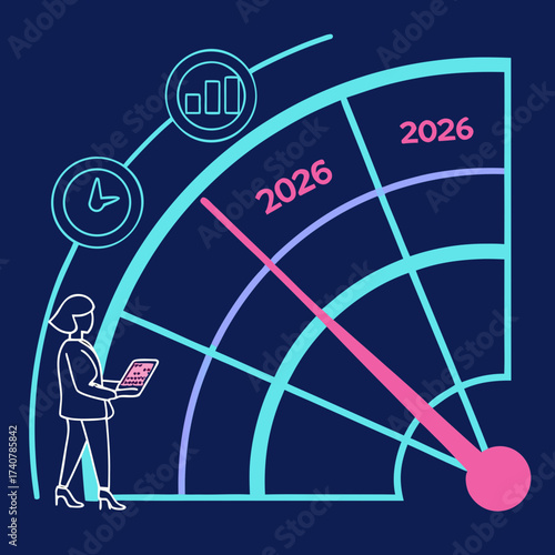 Businesswoman analyzing future growth projections and time management for the year 2026 on a futuristic dashboard