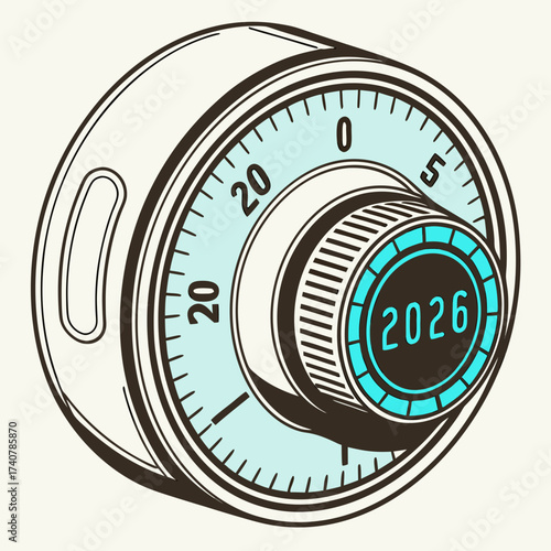Combination lock dial with the year 2026 displayed in a digital readout representing security and future planning