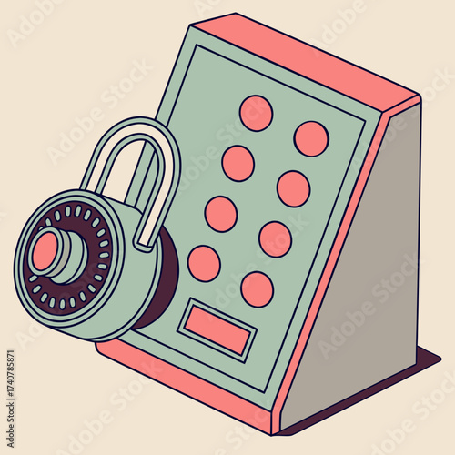 Combination lock secured to a keypad device with a blank display screen representing security and access control concepts