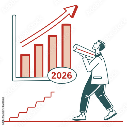 Man with megaphone looking at upward trend bar chart with 2026 label and stairs symbolizing growth and future success