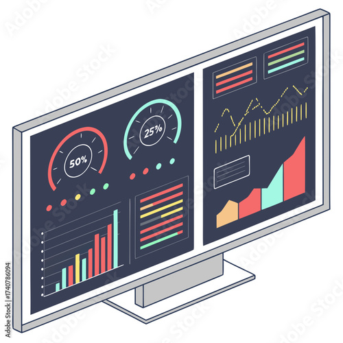 Modern digital dashboard displaying various charts and graphs on a computer monitor with an isometric perspective