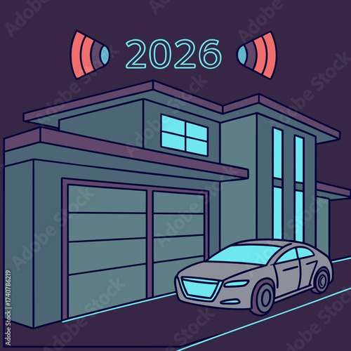 Modern smart home with autonomous car and year 2026 technology concept illustration