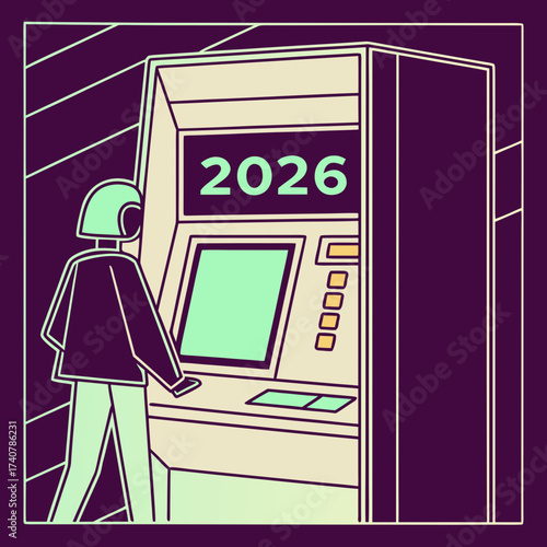 Person interacting with an atm machine displaying the year 2026 representing future financial transactions and technology