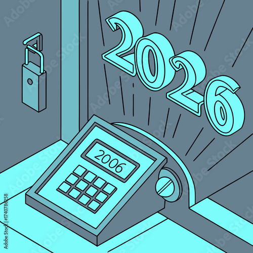 Retro futuristic isometric illustration of a keypad calculator displaying the year 2006 with the year 2026 in bold 3d numbers above and a padlock on the side