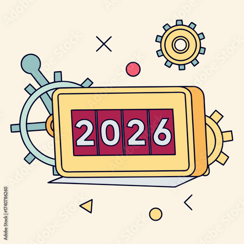 Retro counter displaying the year 2026 with gears and abstract shapes symbolizing future planning and progress