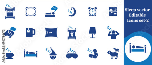 Sleep vector editable icon set, nutrition, pet, mattress, shelter, latex, hemp, pad, bedding, kitten, recycled, cushion, polyester, furniture, cat, fluffy, nap, pet, soft, mat, sleep and more