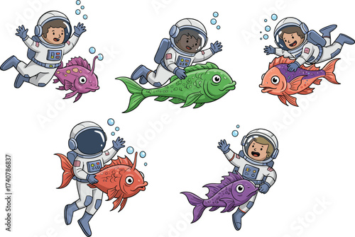 Cartoon astronauts, underwater adventure, colorful fish, space suits, bubbles, ocean theme, whimsical scene, children illustration, fantasy concept, imaginative design