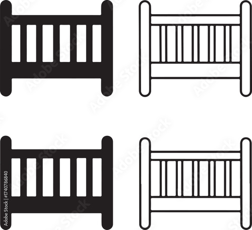 Baby bed icon set, baby crib icons, infant bed symbols, child sleeping furniture vector design, baby bed icon collection, modern baby bed icons, isolated baby bed icon set