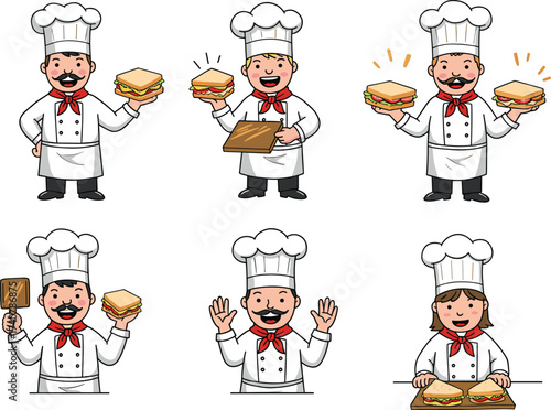 Cartoon chefs with sandwiches, culinary character illustration, cooking food artwork, kitchen professional design, funny chef cartoon, restaurant meal preparation, tasty sandwich art
