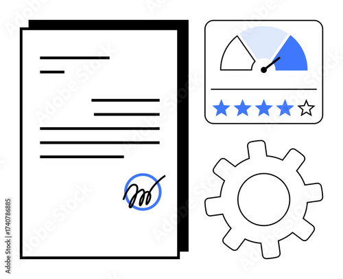 Signed document, performance gauge, five-star rating, and gear symbolizing agreement, quality, evaluation, efficiency, workflow productivity and improvement. Ideal for business contracts