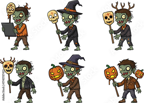 Halloween zombies, spooky costumes, creepy characters, undead theme, cartoon horror, pumpkin masks, witch hats, antler skulls, festive monsters, scary accessories