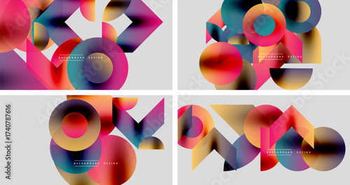 Abstract colorful designs. Overlapping circles, squares create dynamic compositions. Gradient hues blend smoothly, modern aesthetic.