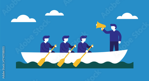 A leader with a megaphone directs three rowers in a white boat on blue water under a cloudy sky.