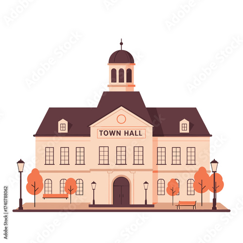 Town hall building in flat design with trees and street lamps  