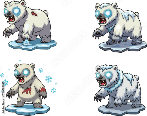 Zombie polar bear cartoon set, icy platform character design, scary winter animal illustration, vector clipart for horror, fantasy, children, game