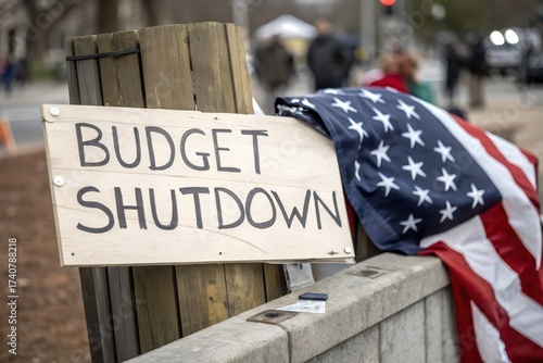 Budget shutdown and government furlough sign on wooden board with folded U.S. flag in the background, symbolizing economic impact, closure, and national concern