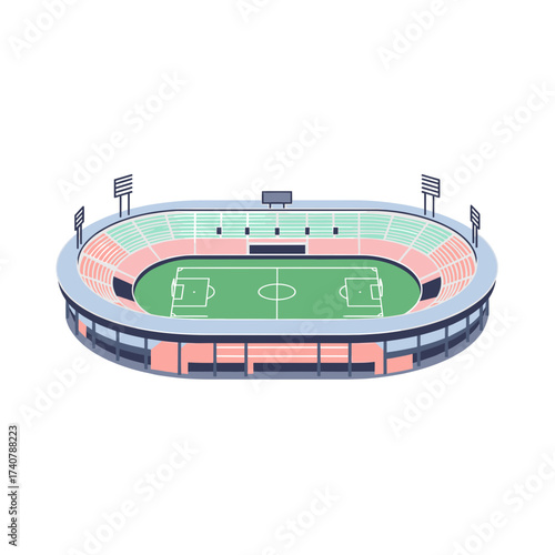 Modern football stadium with green field and seating areas  