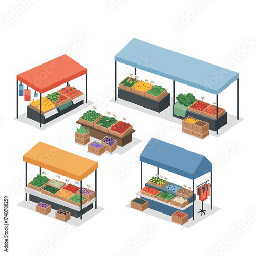 Market stalls with fresh vegetables and fruits in colorful tents  