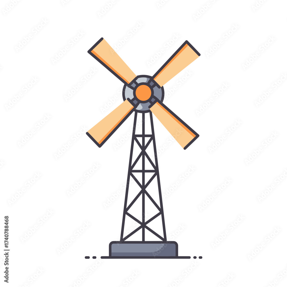 Fototapeta premium Wind turbine in flat design with orange blades and gray tower 