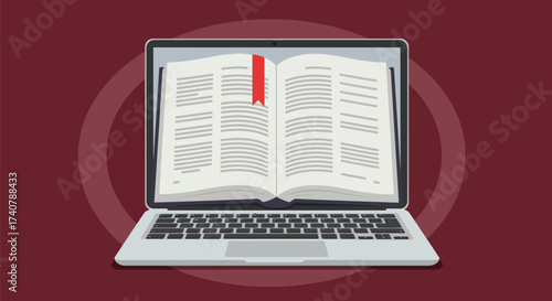 An open book with a red bookmark sits on the screen of a laptop computer against a maroon background.