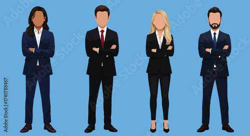 Four business professionals, two men and two women, stand with arms crossed against a light blue background.