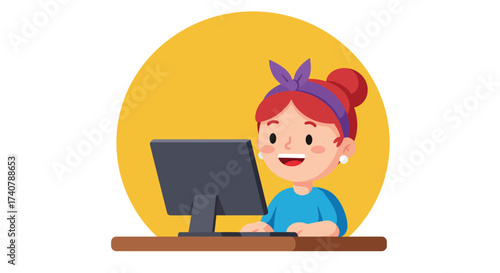 Cartoon illustration of a smiling woman with red hair working on a desktop computer.