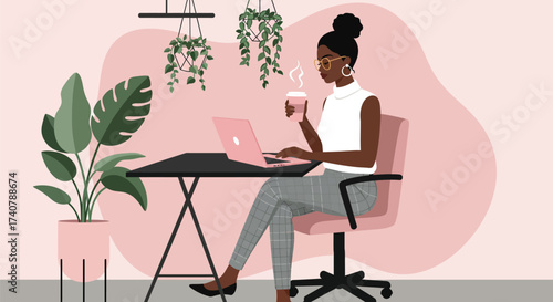 An illustration of a woman working on a laptop, sipping coffee, surrounded by plants in a stylish workspace.