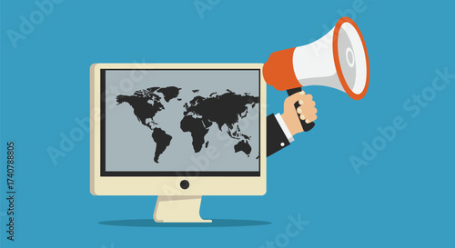 Illustration of a computer monitor displaying a world map, with a hand holding a megaphone next to it, against a blue background.