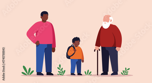Three generations of men, grandfather with cane, father, and child with backpack, standing together in a simple outdoor setting.