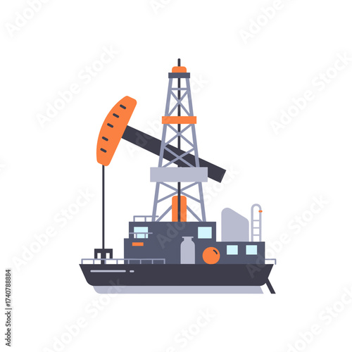 Oil pump jack in flat industrial style with orange and gray colors  