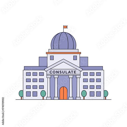 Consulate building illustration in flat style with dome roof