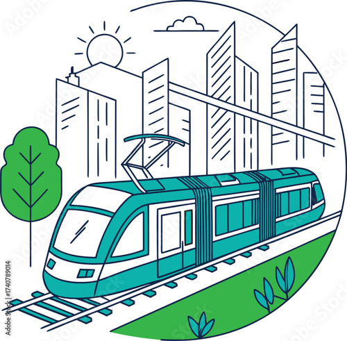 Urban transport vectors depict trains on railway tracks and at a city station.