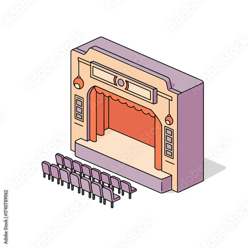 Theater stage with red curtains and seating in isometric design  