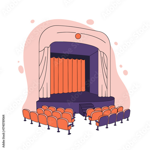 Theater stage with red curtains and empty orange seats in view  