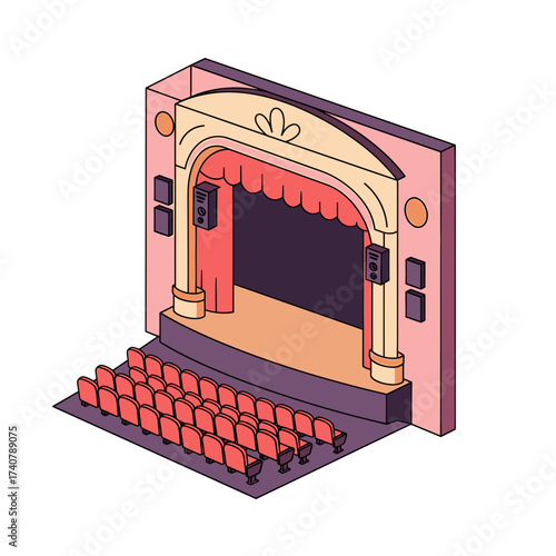 Theater stage with red seats and decorative curtains in isometric style  