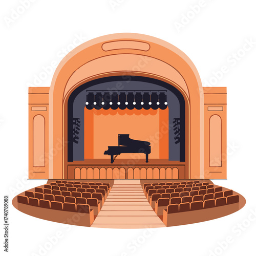 Grand concert hall interior with piano and seating arrangement  