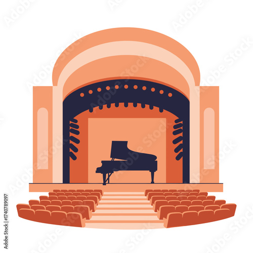 Stylish concert hall with grand piano and empty audience seating  