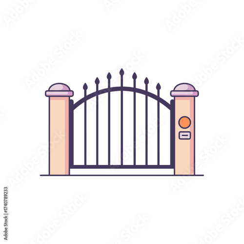 Iron gate with pillars and intercom in minimalist design  
