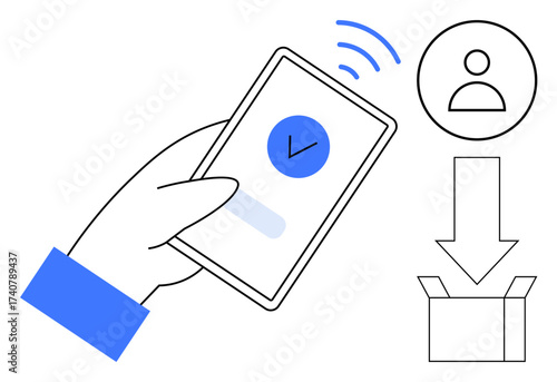 Hand holding a phone displaying a confirmed check mark, sending data to a profile icon and delivery box. Ideal for digital verification, e-commerce, mobile apps, user interface, transactions