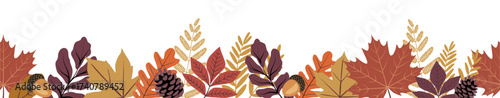 Seamless autumn border frame made of dried fall leaves, branches, pine cones, acorns, natural seasonal design perfect for invitations, cards, seasonal decorations, isolated on transparent backgrounds
