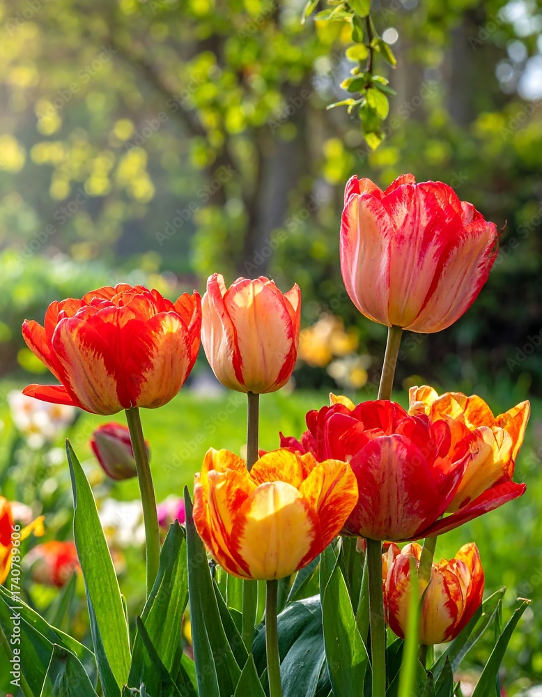 Obraz premium Colorful Variegated Tulips in a Sun-dappled Garden