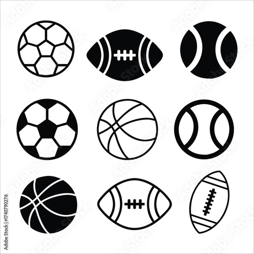 Icon set of football, soccer ball, basketball, baseball in outline and solid black silhouette style   