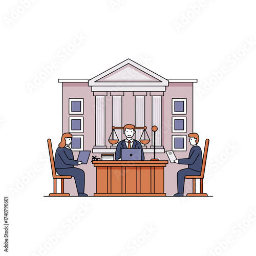 Legal professionals discussing cases in courtroom with judge  