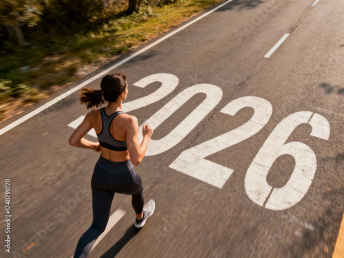 Overhead View: Woman Running Towards 2026 Text on the Road,Welcome the New Year concept