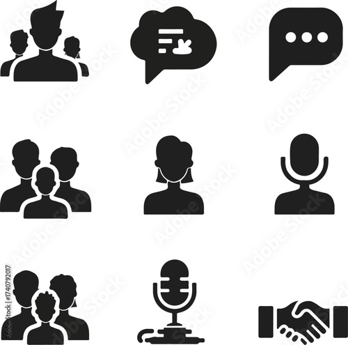 Collection of hand drawn social media and content creation icons in silhouette